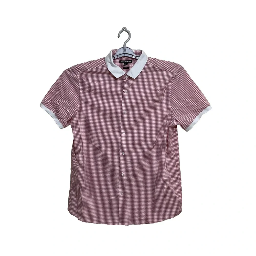 Michael Kors Slim Fit stretch short sleeved  plaid red ‎ white Women's blouse XL